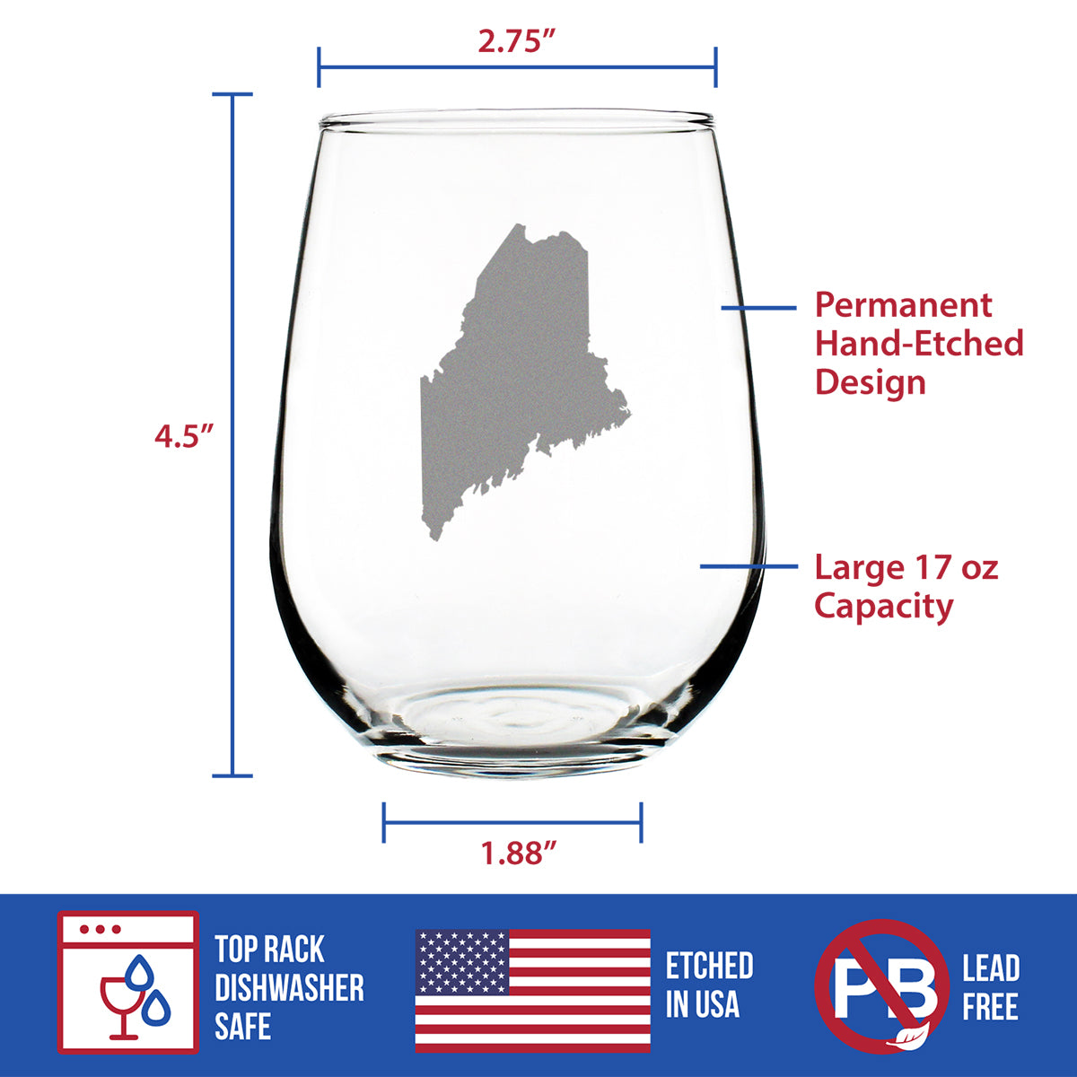 Maine State Outline Stemless Wine Glass - State Themed Drinking Decor and Gifts for Mainer Women & Men - Large 17 Oz Glasses