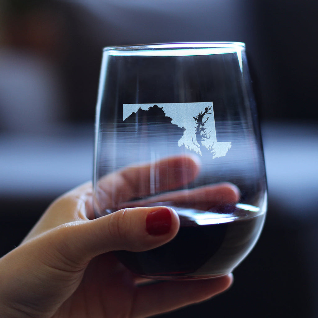 Maryland State Outline Stemless Wine Glass - State Themed Drinking Decor and Gifts for Marylander Women & Men - Large 17 Oz Glasses