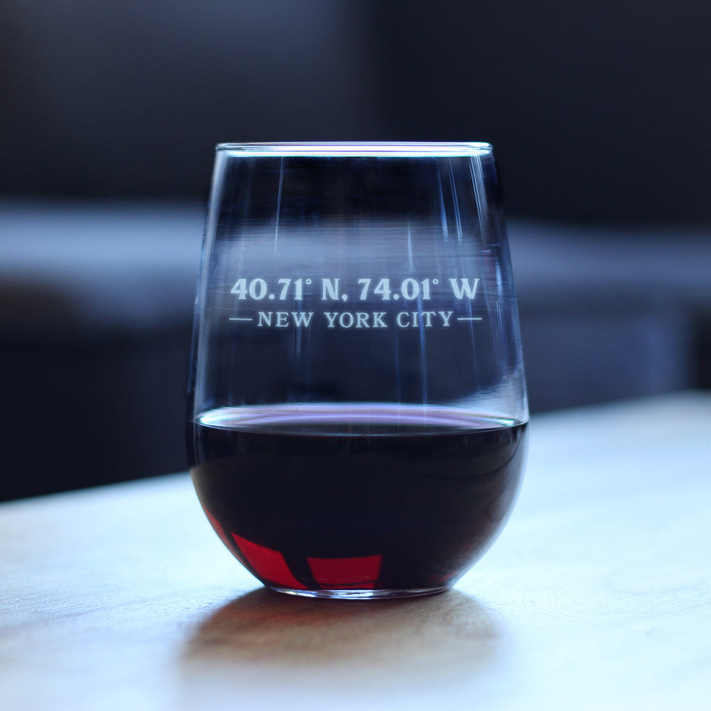 New York City Coordinates - 17 Ounce Stemless Wine Glass