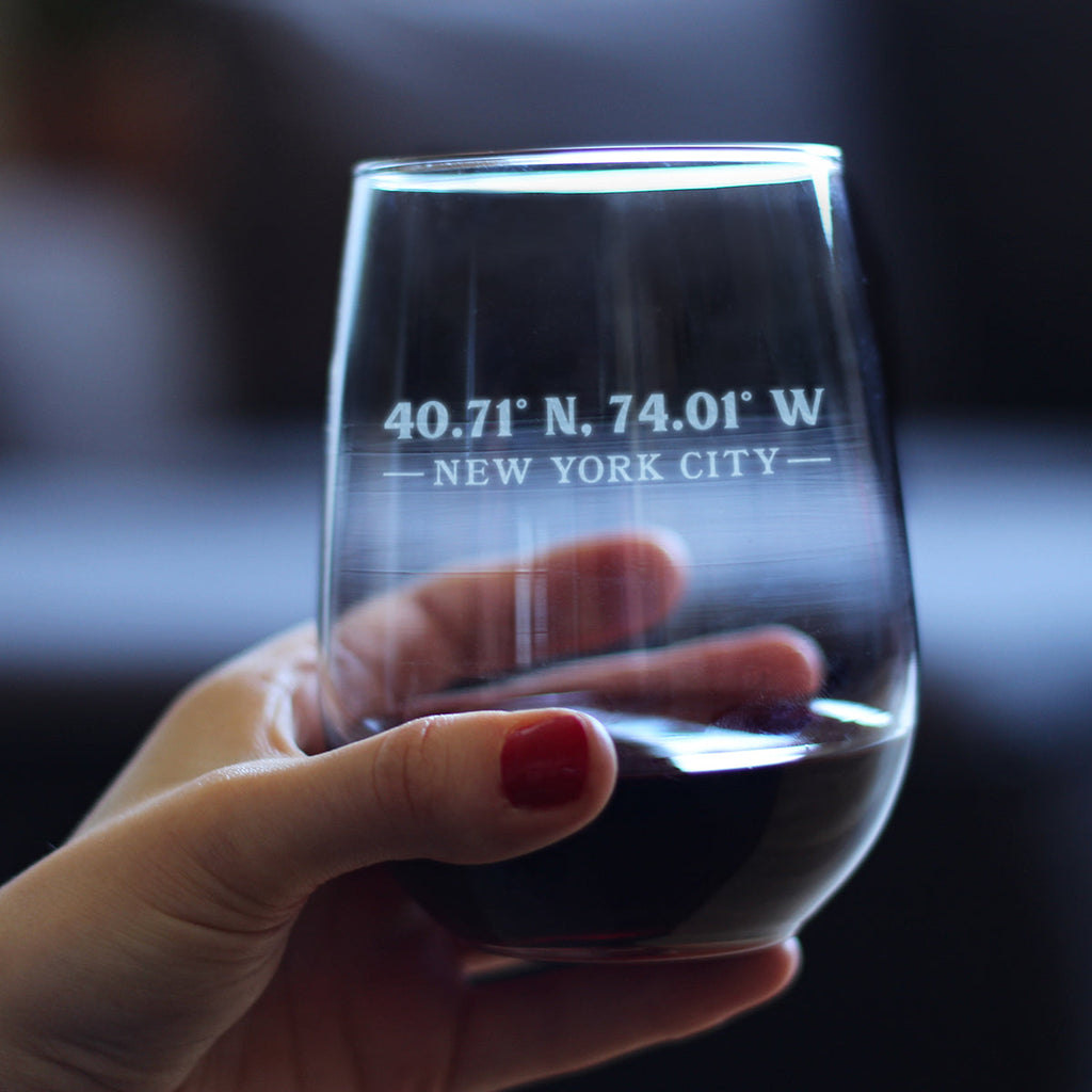 New York City Coordinates - 17 Ounce Stemless Wine Glass