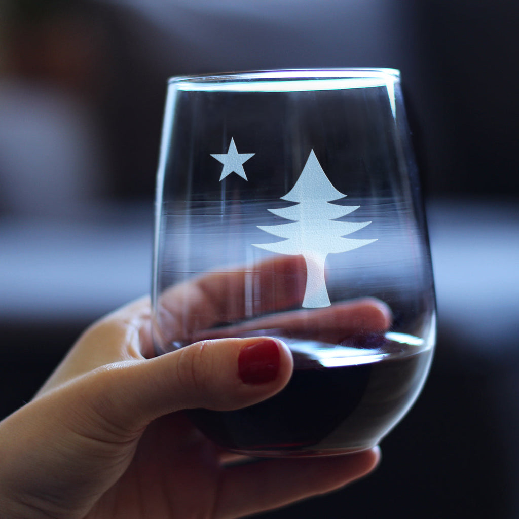 Old Maine Flag Stemless Wine Glass - Original 1901 State of Maine Flag Gifts for Women & Men Mainers - Large Engraved 17 Oz Glasses