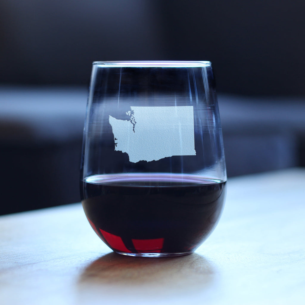 Washington State Outline Stemless Wine Glass - State Themed Drinking Decor and Gifts for Washingtonian Women & Men - Large 17 Oz Glasses