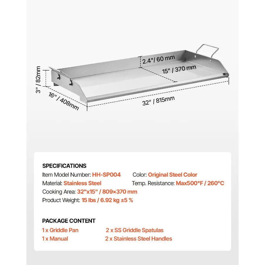 Stainless Steel Griddle 32x16 inch Universal Flat Top Rectangular Plate for Gas Grill BBQ Teppanyaki Portable Cookware with Han