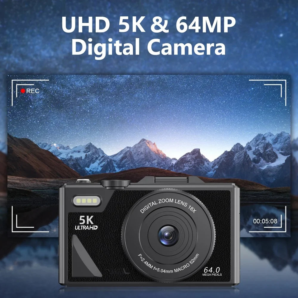 75MP Digital Camera For Photography 18X Zoom 5K UHD Vlog Camcorder Livestream Wifi Webcam 3.0 inch Flip Screen AF Selfie Camera