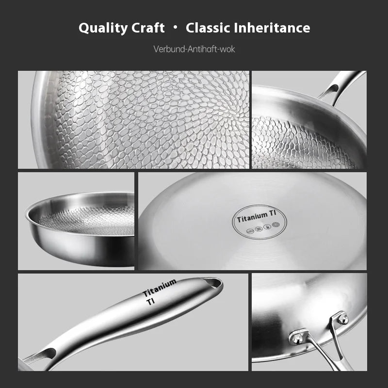 Kengqiang Pure Titanium Frying Pan Uncoated Non Stick Pan Fish Scale Hammer Pattern Titanium Alloy Wok Kitchen Custom Cookwares