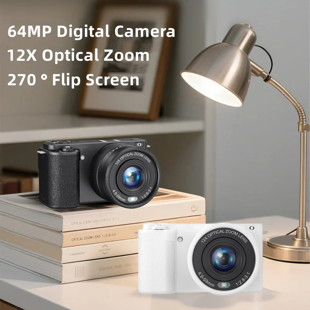 12X Optical Zoom 4K 64MP Digital Selfie Camera Flip Screen Vlog Camcorder Video Recorder photographic Camera Livestream Webcam