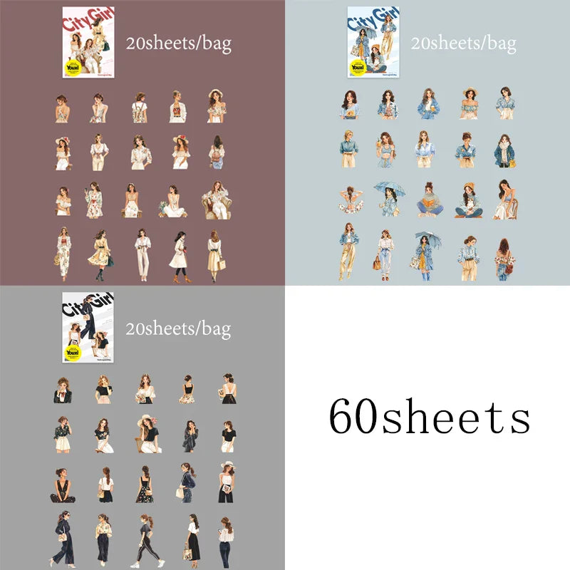 60pcs Urban Vintage Character Stickers | DIY Scrapbook and Journal Decor