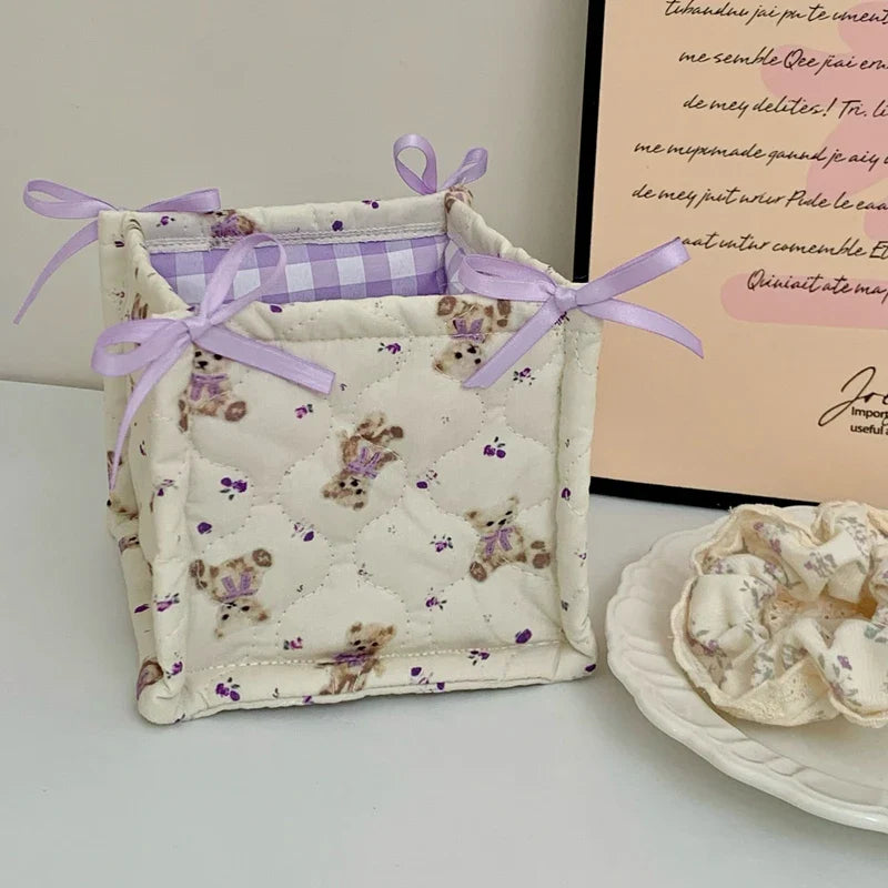 Square Storage Basket Lace Flower Desktop Organizer Storage Basket Korean Quilted Storage Basket Cute Storage Frame Home Decorat