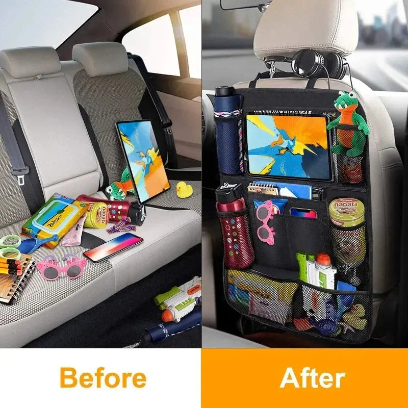 Multifunctional Car Seat Organizer – Oxford Fabric Backseat Storage Bag with Tablet Holder & Multi-Pockets for Kids