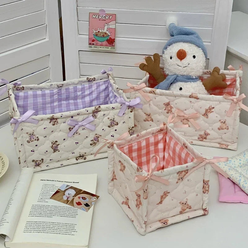 Square Storage Basket Lace Flower Desktop Organizer Storage Basket Korean Quilted Storage Basket Cute Storage Frame Home Decorat
