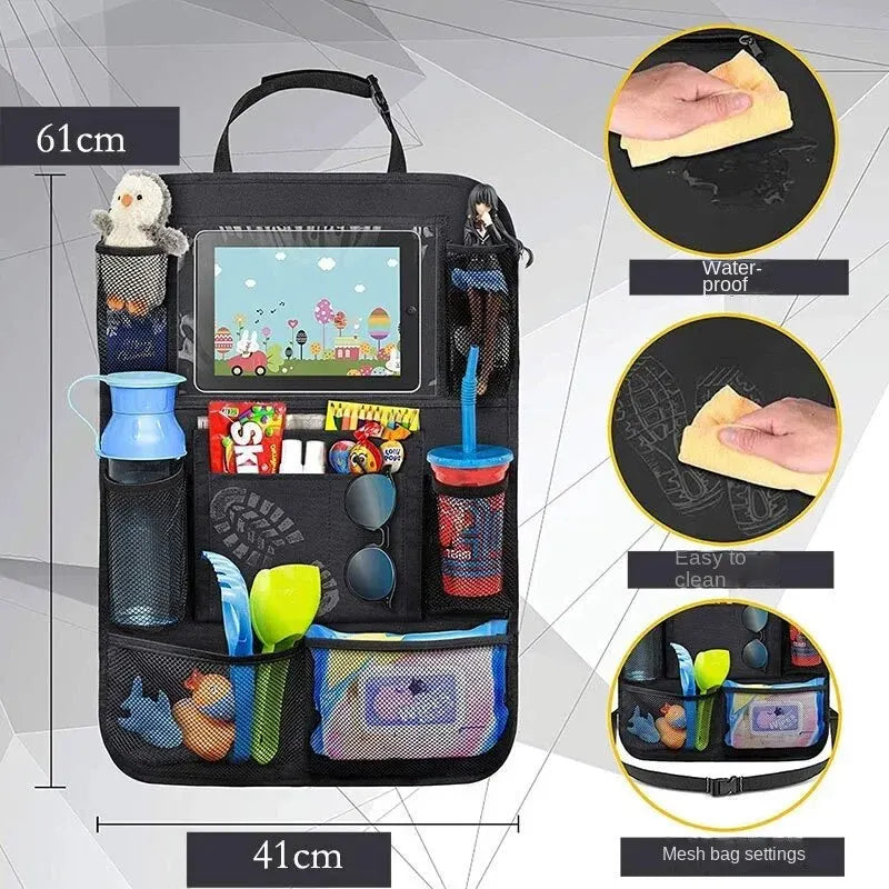 Multifunctional Car Seat Organizer – Oxford Fabric Backseat Storage Bag with Tablet Holder & Multi-Pockets for Kids