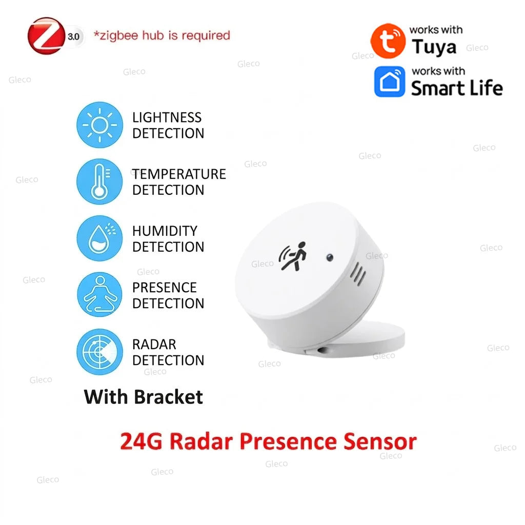Zigbee Presence Sensor 24G Mmwave Radar Human Detector Motion/Static Detection For Tuya Z2M Smart Home Security Automation Alarm
