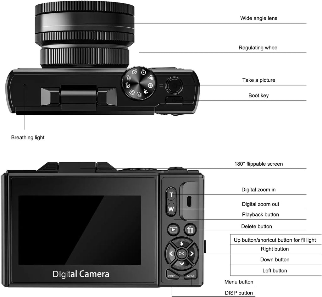 64MP 4K Digital Camera 180° Flip Screen 18X Zoom Selfie Vlog Camcorder Wide Angle Macro UHD Video Camera Livestream WiFi Webcam