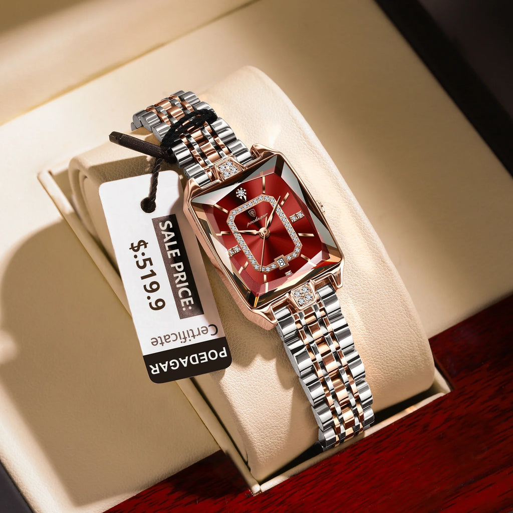 POEDAGAR Luxury Watch For Woman Elegant Waterproof Calendar Ladies Watch Rectangle Stainless Steel Quartz Women's Watches Female