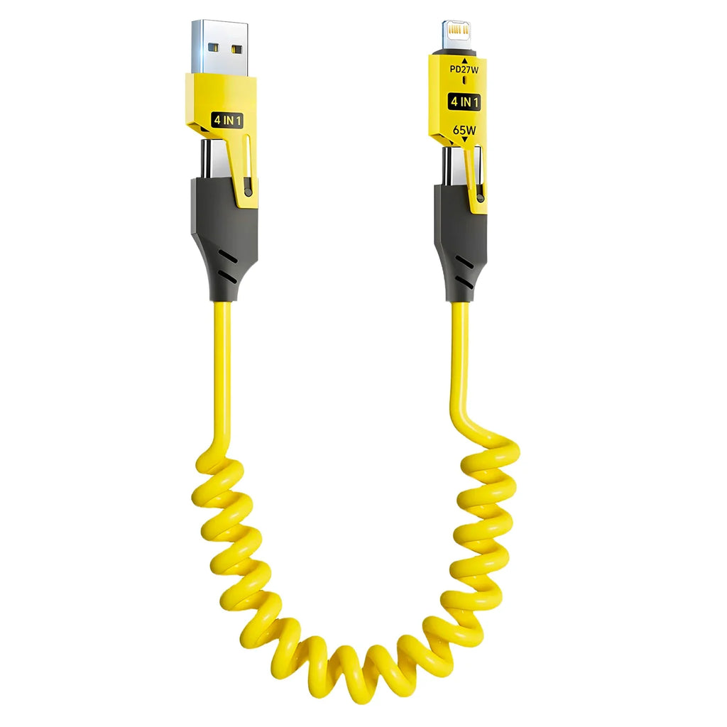 65W Quick Charger Spring USB Cable 4 in 1 Spring Data Cable 6A USB Type C Spring Telescopic Wire for iPhone iPad MacBook Huawei