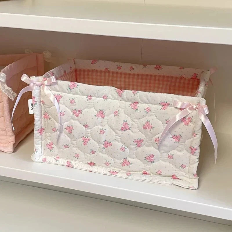 Square Storage Basket Lace Flower Desktop Organizer Storage Basket Korean Quilted Storage Basket Cute Storage Frame Home Decorat