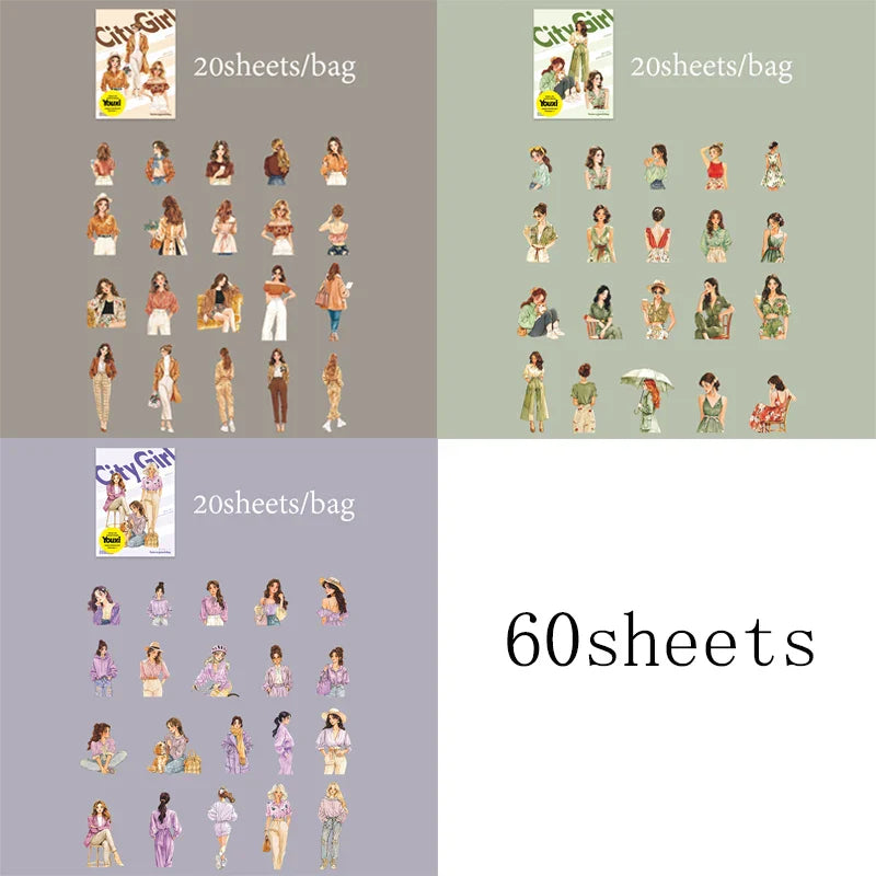60pcs Urban Vintage Character Stickers | DIY Scrapbook and Journal Decor