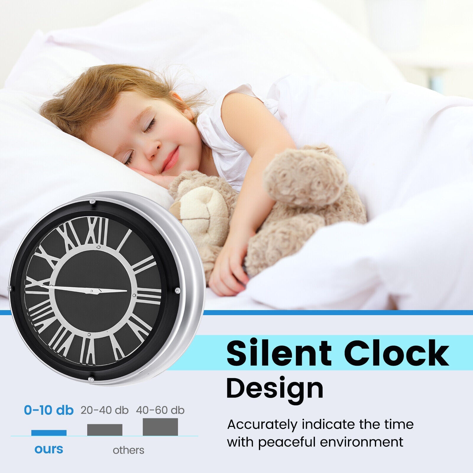 13.5/17.5 Inch Silent Wall Clock with Silver Frame-L