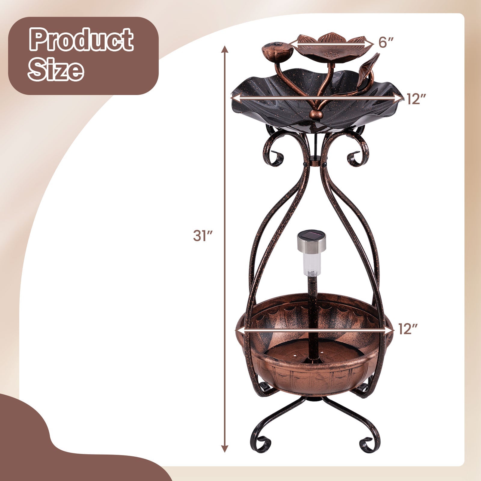 Solar Outdoor Bird Bath Feeder Combo with Flower Planter Pedestal and Solar Lights