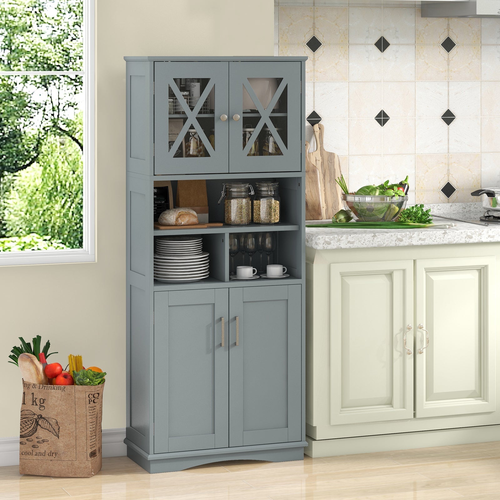 Tall Bathroom Cabinet Large Floor Storage Cabinet with Acrylic Doors and 3 Cubes-Gray