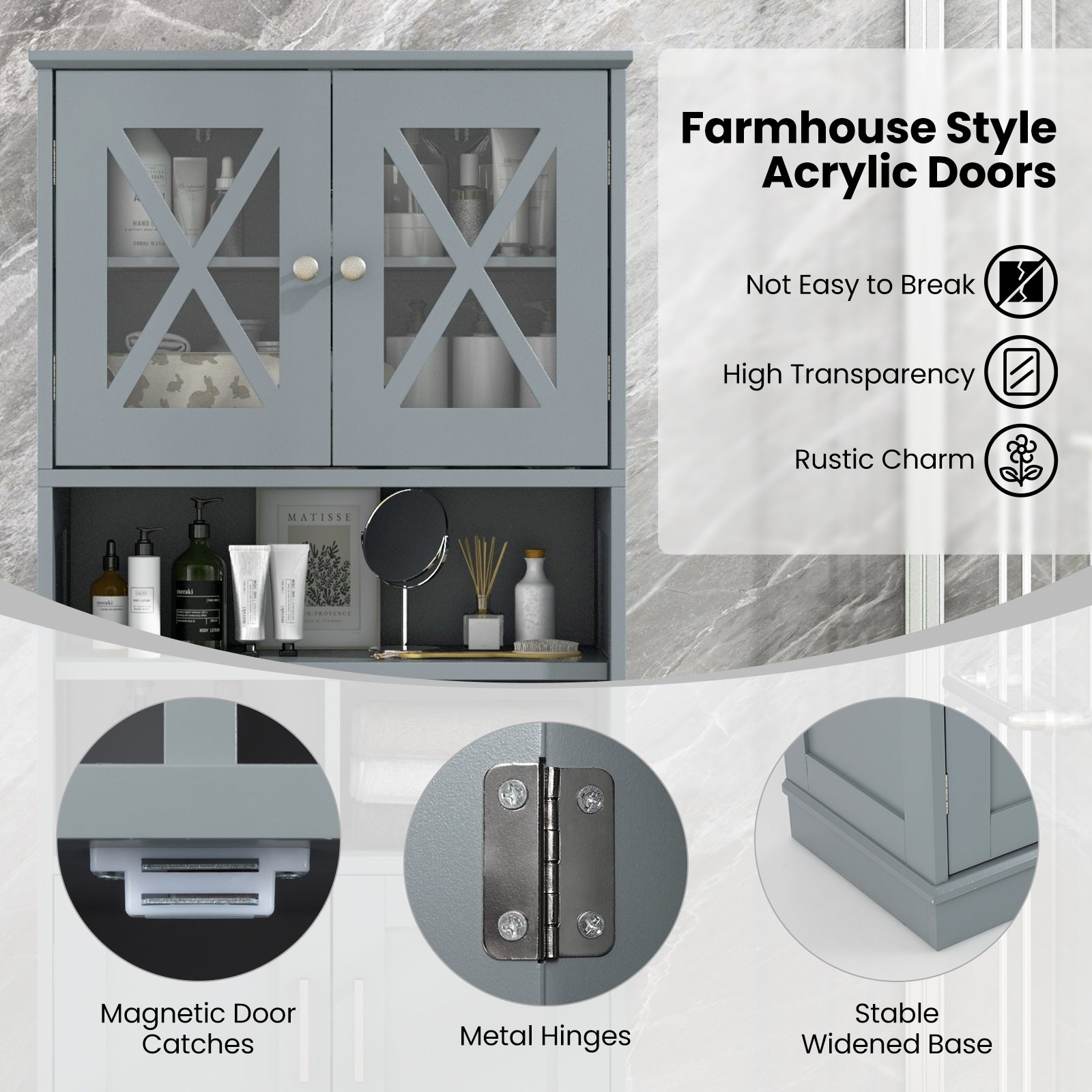 Tall Bathroom Cabinet Large Floor Storage Cabinet with Acrylic Doors and 3 Cubes-Gray