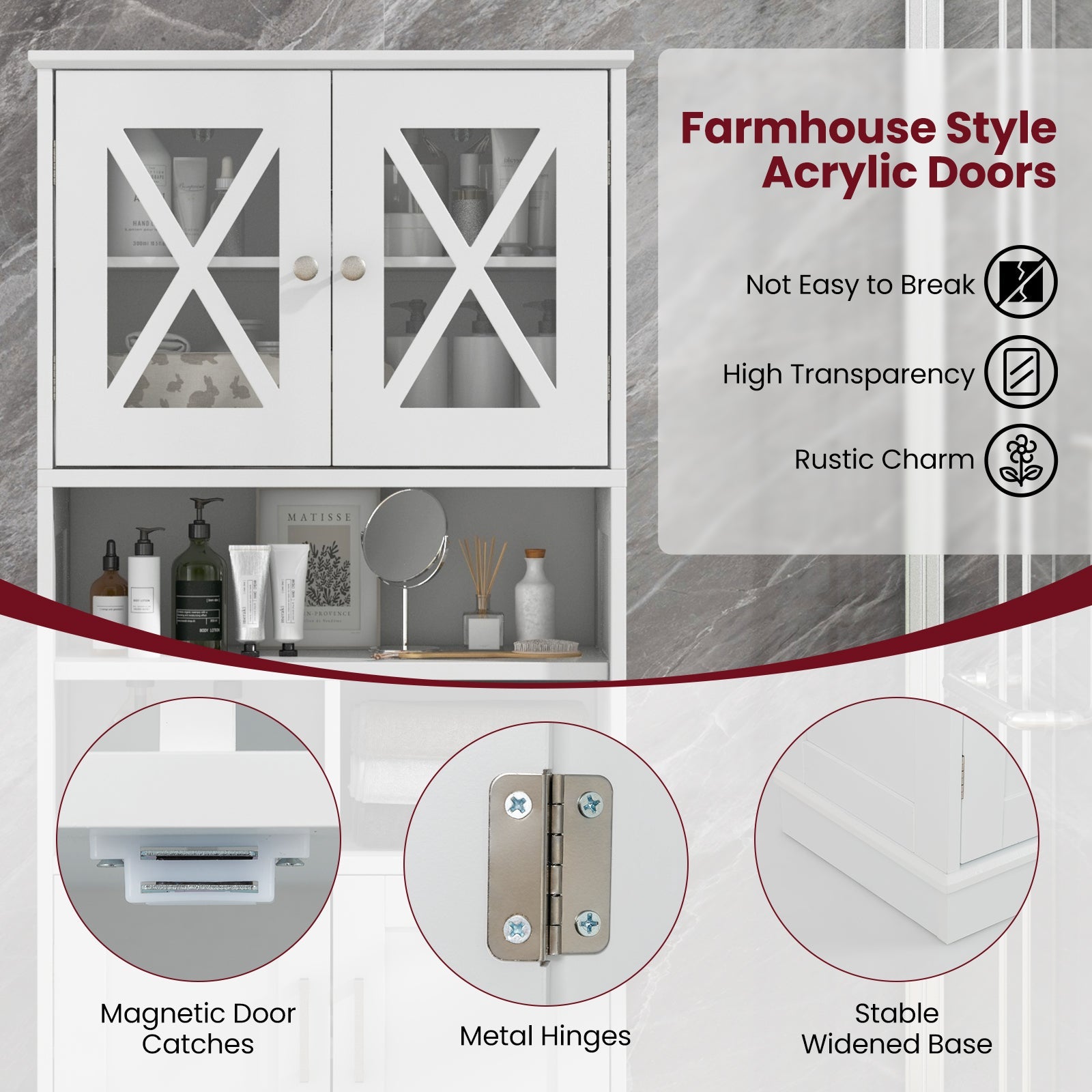 Tall Bathroom Cabinet Large Floor Storage Cabinet with Acrylic Doors and 3 Cubes-White