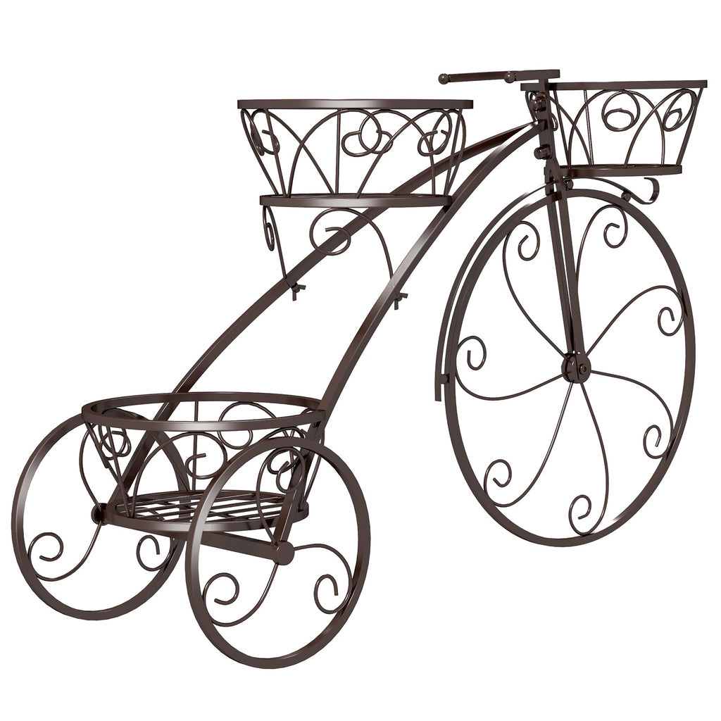Tricycle Plant Stand Flower Pot Cart Holder with 3 Hollowed Baskets-Bronze