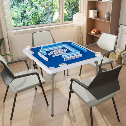 35 Inch 4 Player Game Card Folding Mahjong Table with Cup Holders-Navy - Color: Navy