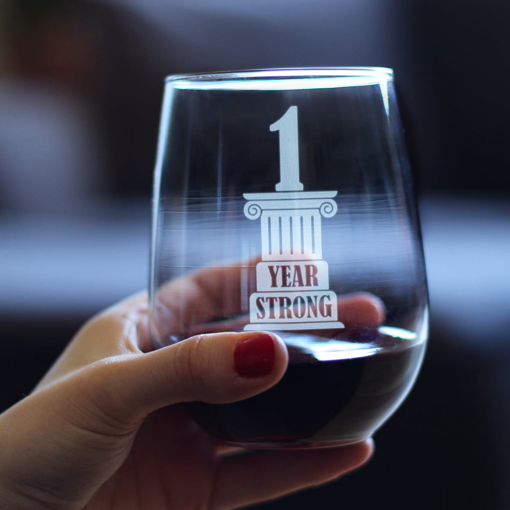 1 Year Strong Engraved Stemless Wine Glass Gifts 1st Anniversary Party Decor Large Wine Glasses - 17 oz