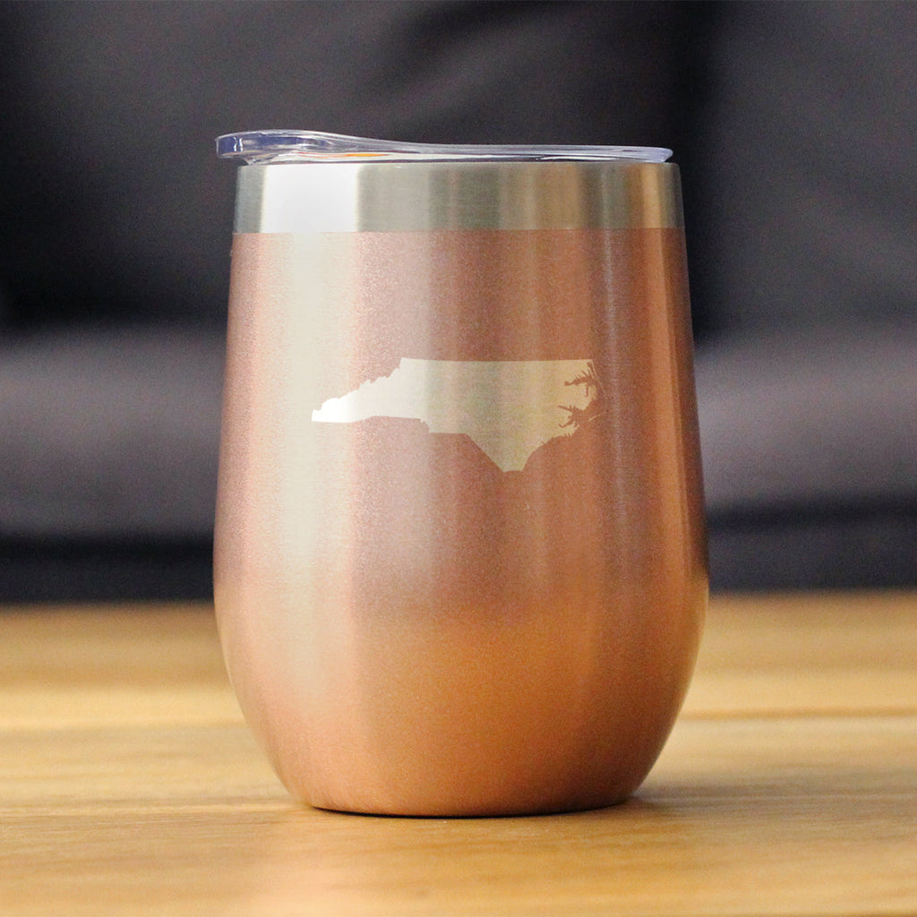 North Carolina State Outline - Wine Tumbler Glass with Sliding Lid - Stainless Steel Travel Mug - North Carolina Gifts for Women and Men