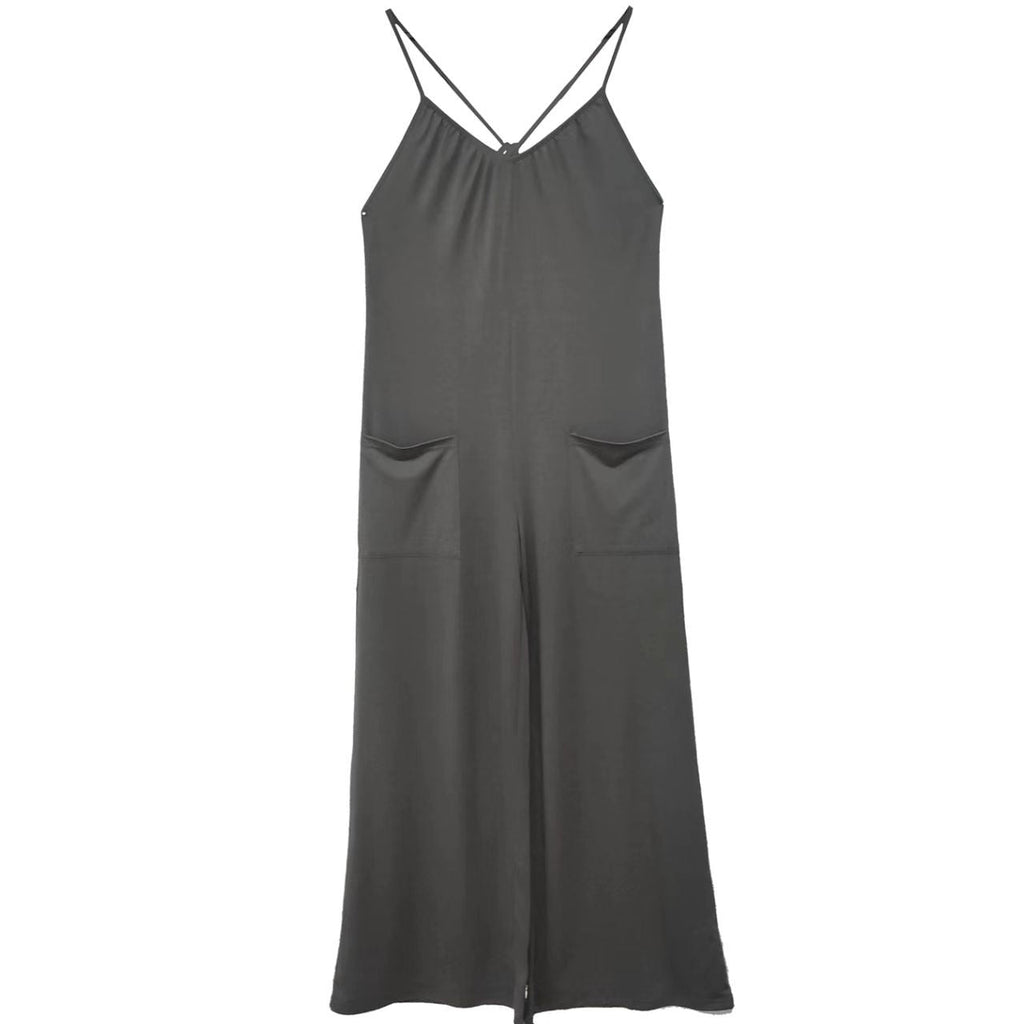 Ladies' Solid Color Chest Pleated Design Cross Suspender Sexy Jumpsuit
