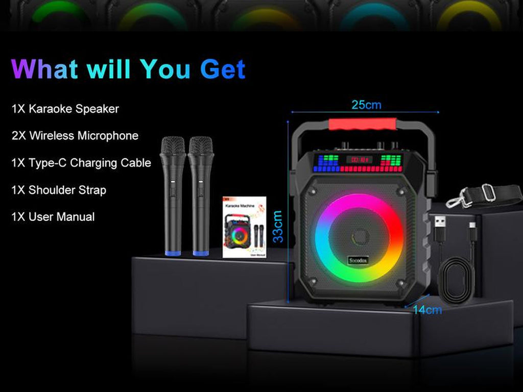 Socodox Karaoke Machine for Adults & Kids Portable Bluetooth 5.2 Speaker with 2 Wireless Microphones RGB Lights AUX USB TF AUX Home PA System for Family Party Outdoor Fun