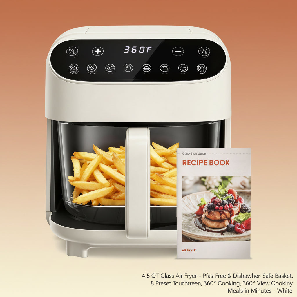 4.5 QT Glass Air Fryer - Pfas-Free & Dishwasher-Safe Basket, 8 Preset Touchscreen, 360° View Cooking, for Healthy Meals in Minutes - White