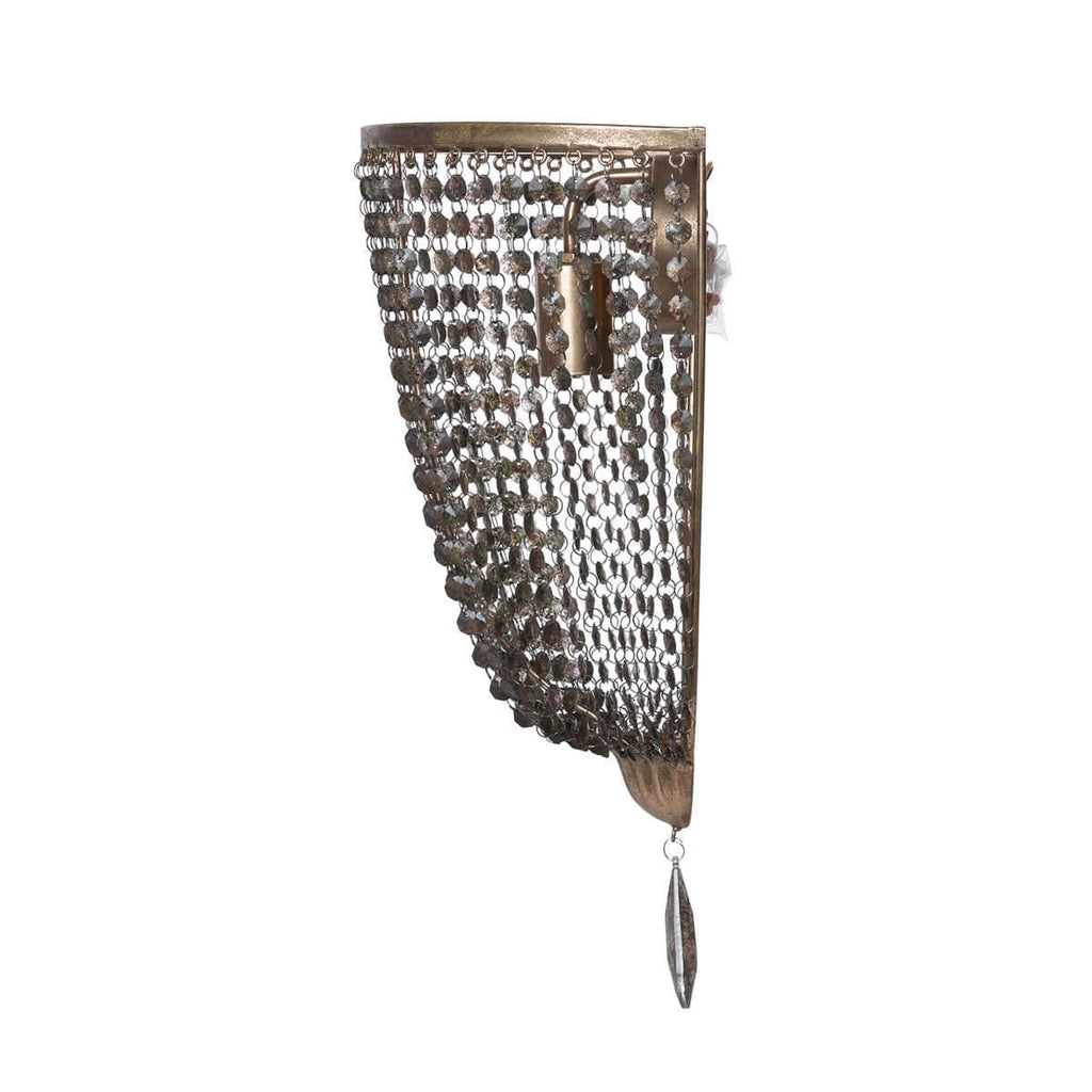 Antique Gold Crystal Wall Sconce with Vintage Chain Shade