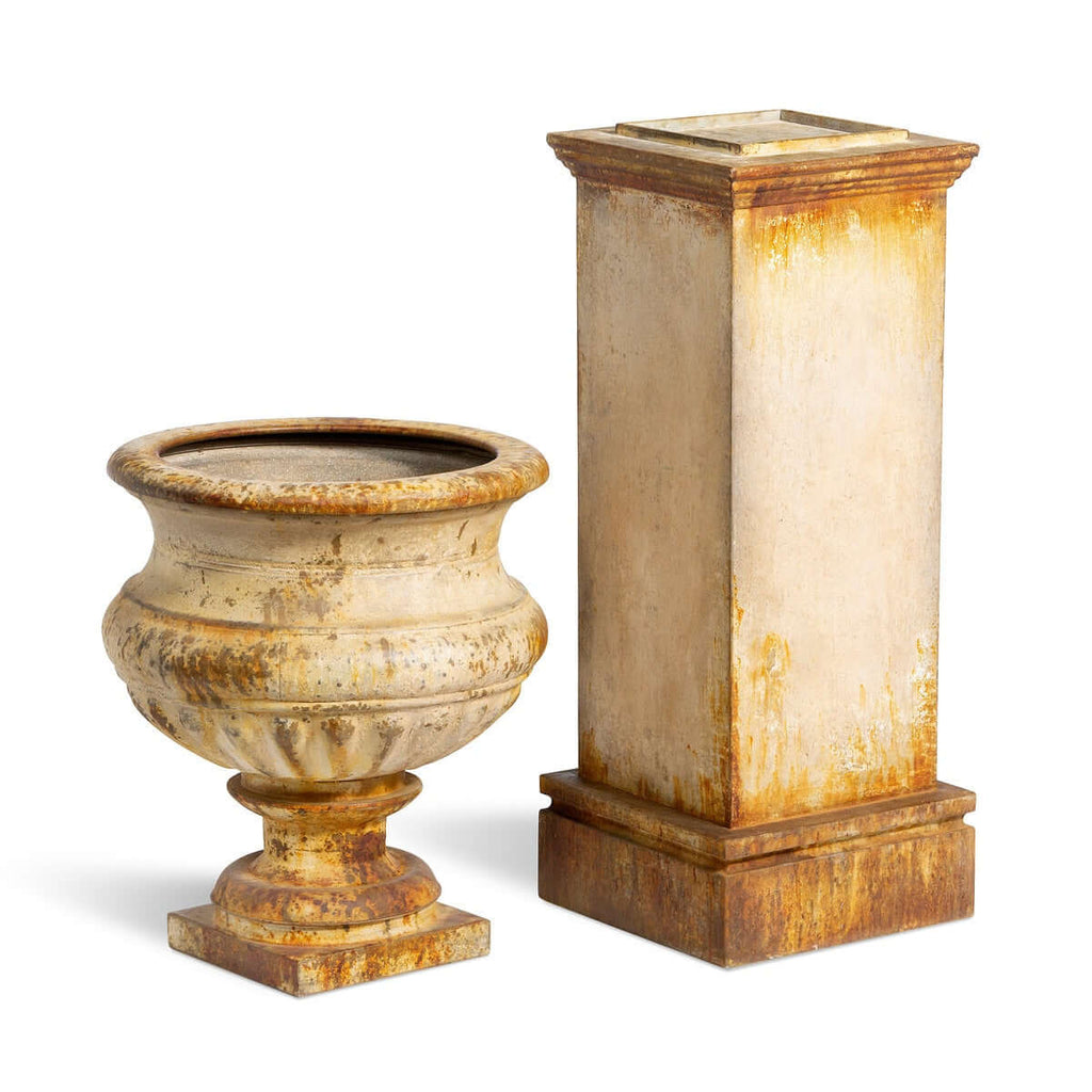 Antique-Style Iron Garden Urn with Tall Pedestal