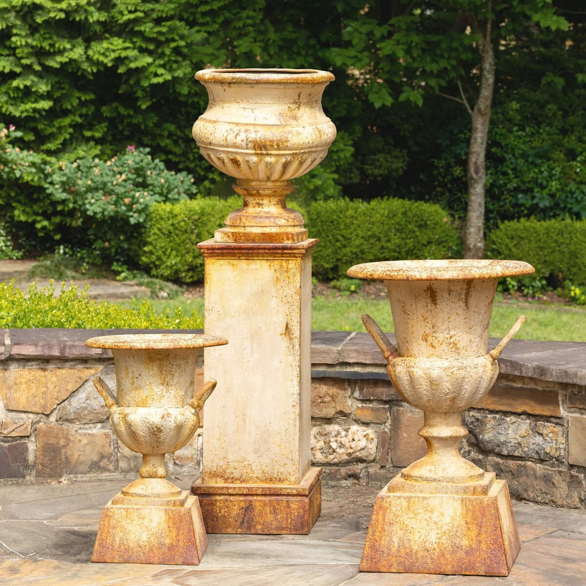 Antique-Style Iron Garden Urn with Tall Pedestal