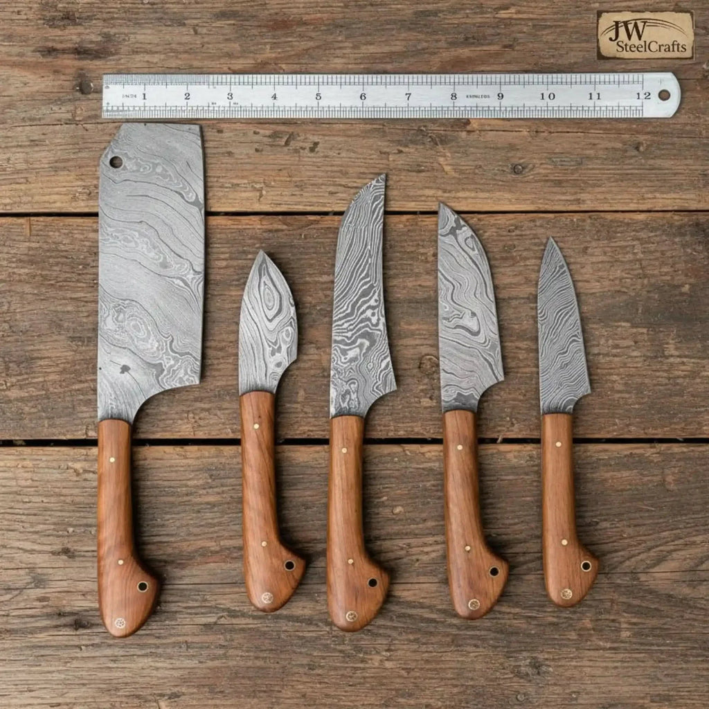 5-Piece Damascus Kitchen Knife Set — Cleaver, Chef, Utility, Boning & Paring with Olive Wood Handles & Brass Pins