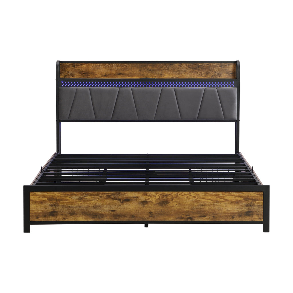 Modern Bed Frame With LED Lights, Upholstered Headboard, USB Charging