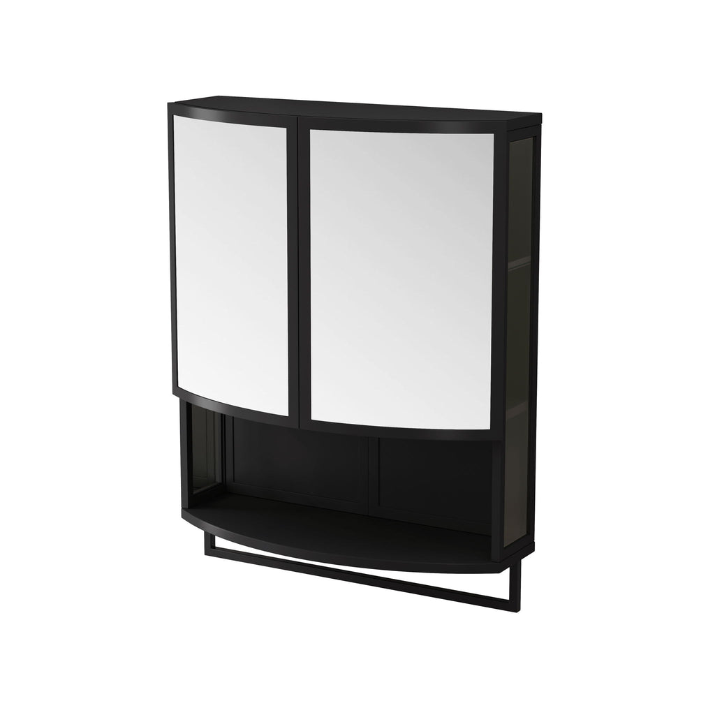 Arched Glass Double Door Wardrobe With Shatterproof Mirror, Open Shelf & Towel Rack