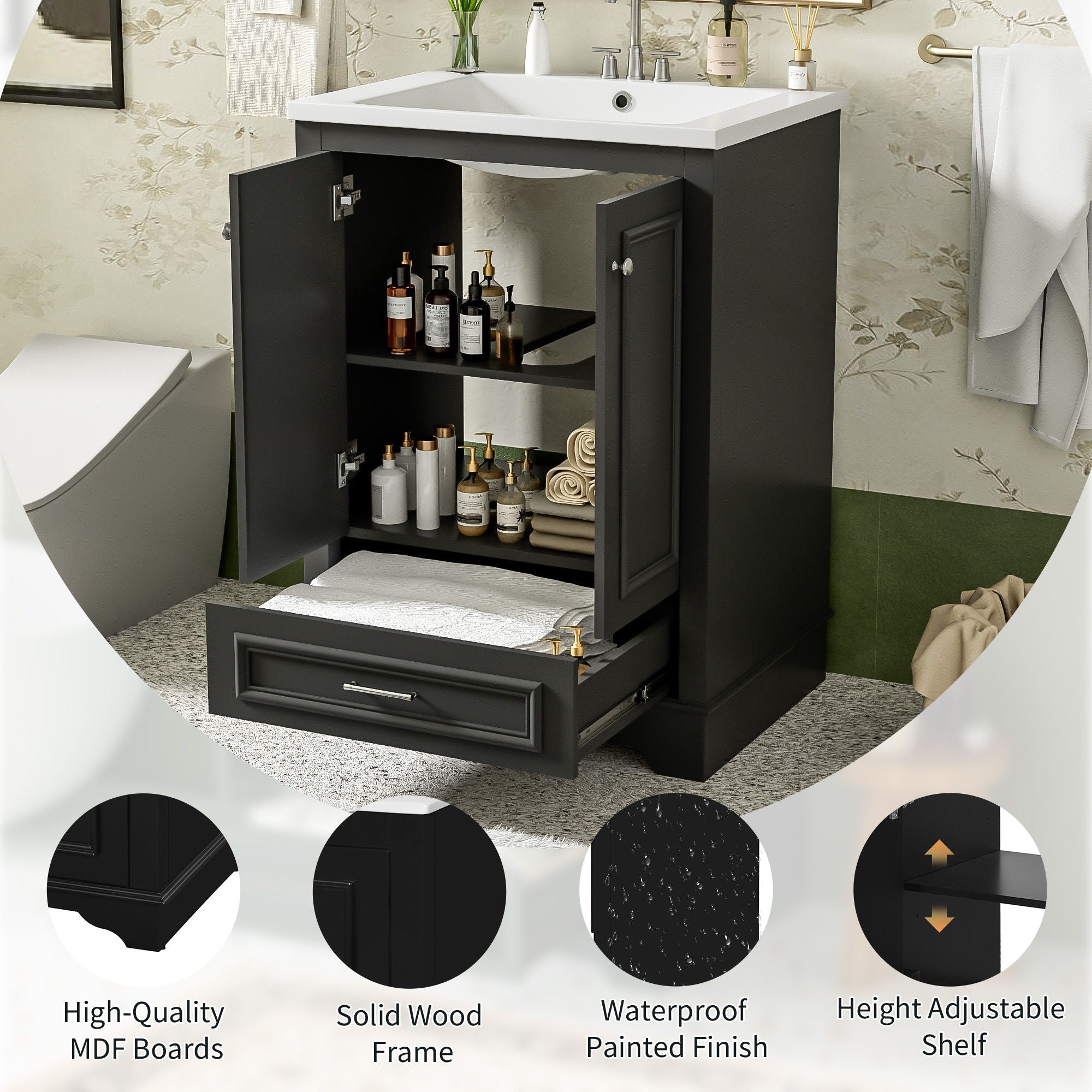 Bathroom Vanity With Ceramic Sink Combo, Modern Freestanding Storage Cabinet With Silver Handles