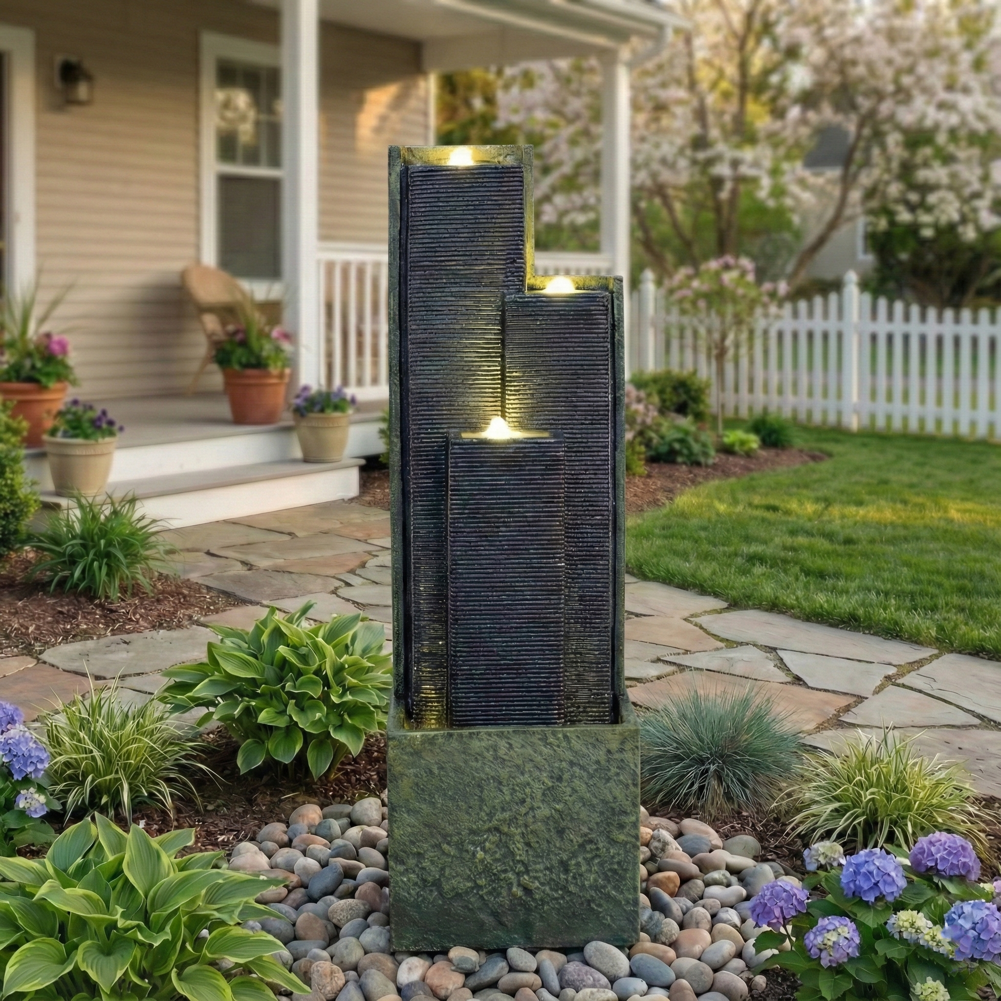 39" H Outdoor Water Fountain Modern Cascading Freestanding Fountain with LED Lights for Garden Patio Porch Lawn
