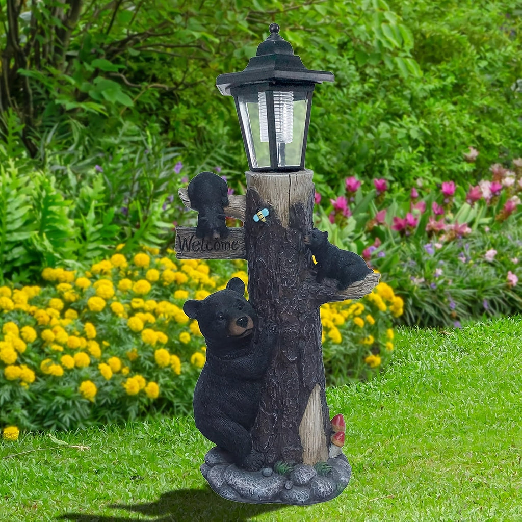 Black Bear Statue Welcome Sign Garden Statue with Solar Light