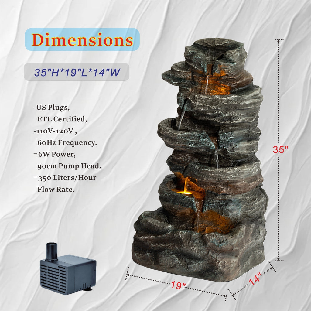 6-Tier Outdoor Cascading Stone Water Fountain with 3 LED Lights