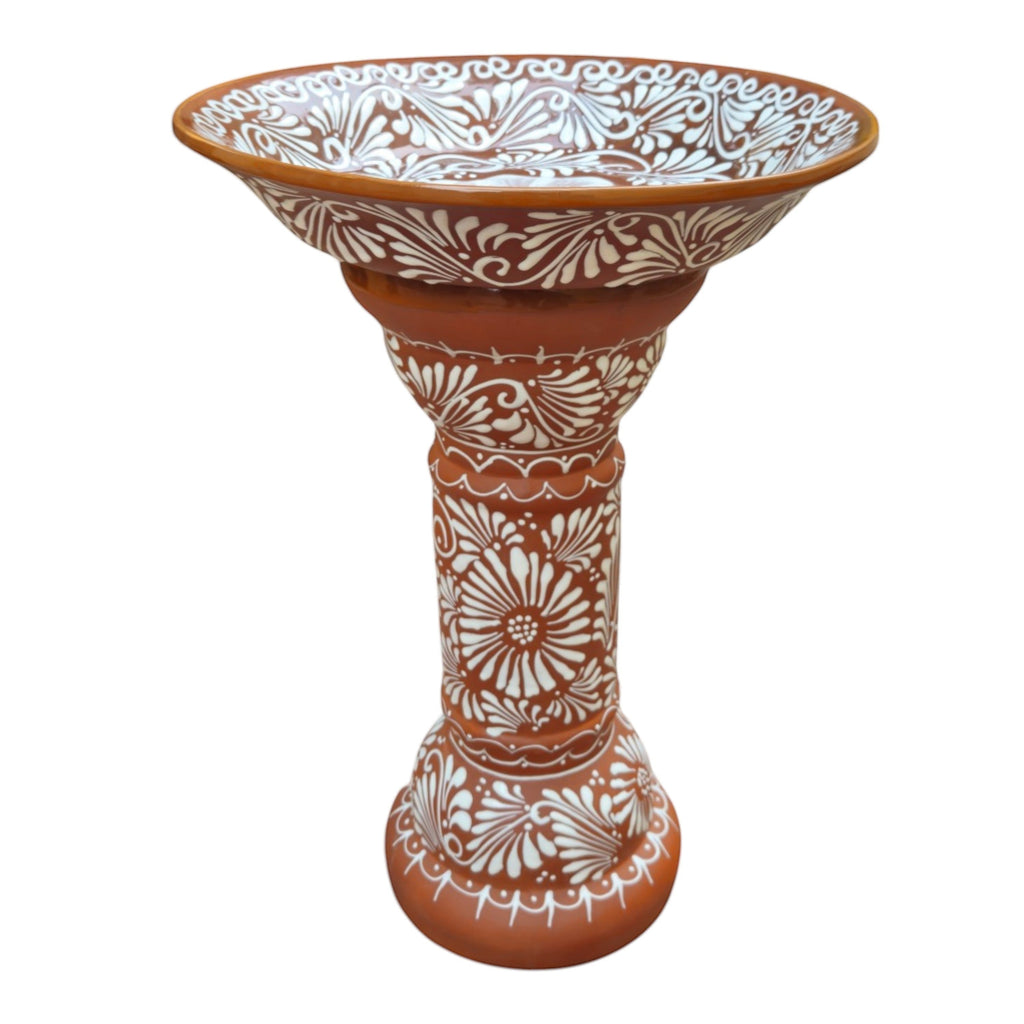 Brown & White Talavera Bird Bath | Handmade Garden Accent