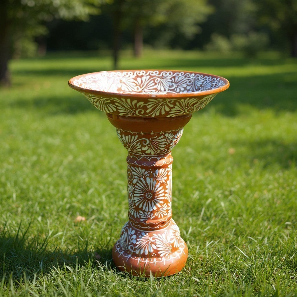 Brown & White Talavera Bird Bath | Handmade Garden Accent