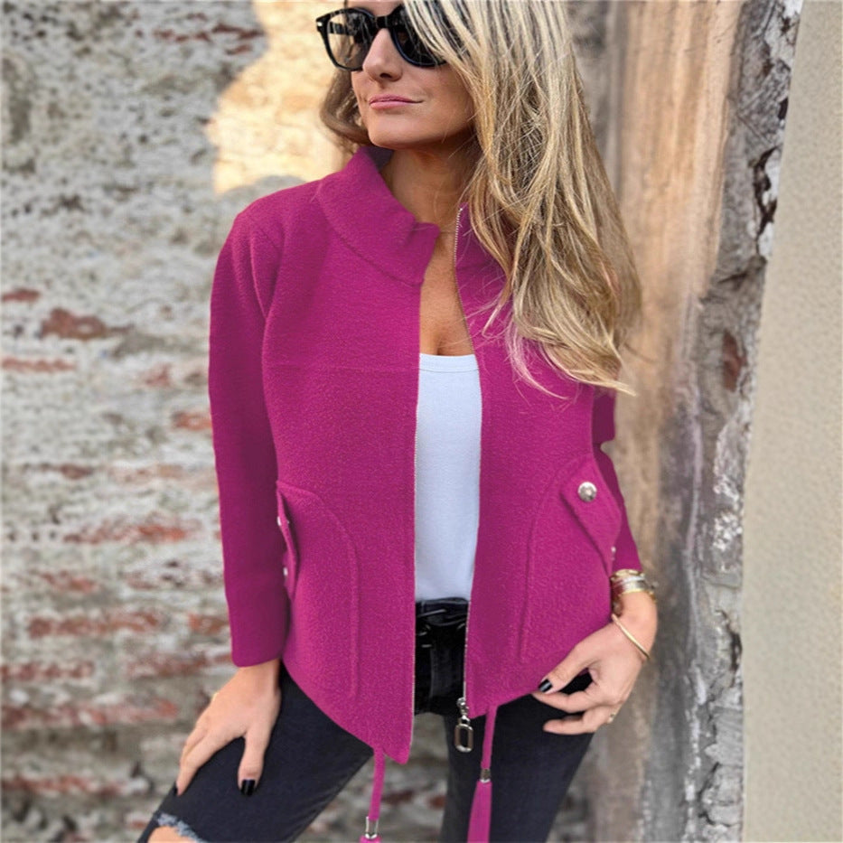 Woolen Lapel Tether Faux Pocket Suit Jacket