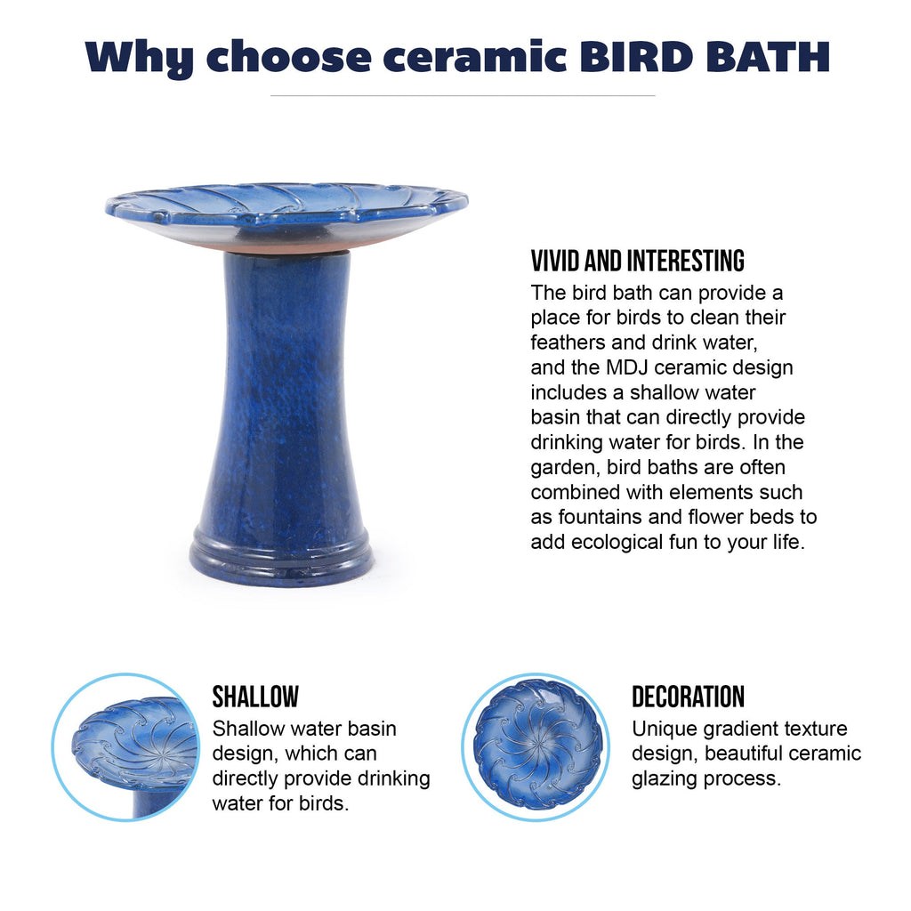 Handmade Glazed Ceramic Bird Bath, 17" Swirling Scroll Embossed Tray