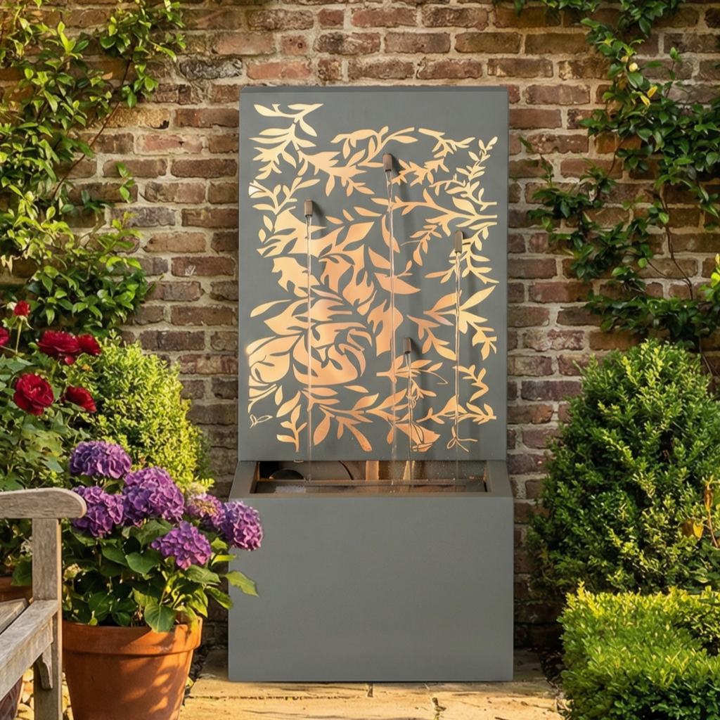 30.71' Light Gray Metal Leaf Cutout Outdoor Water Wall Fountain with LED Lights