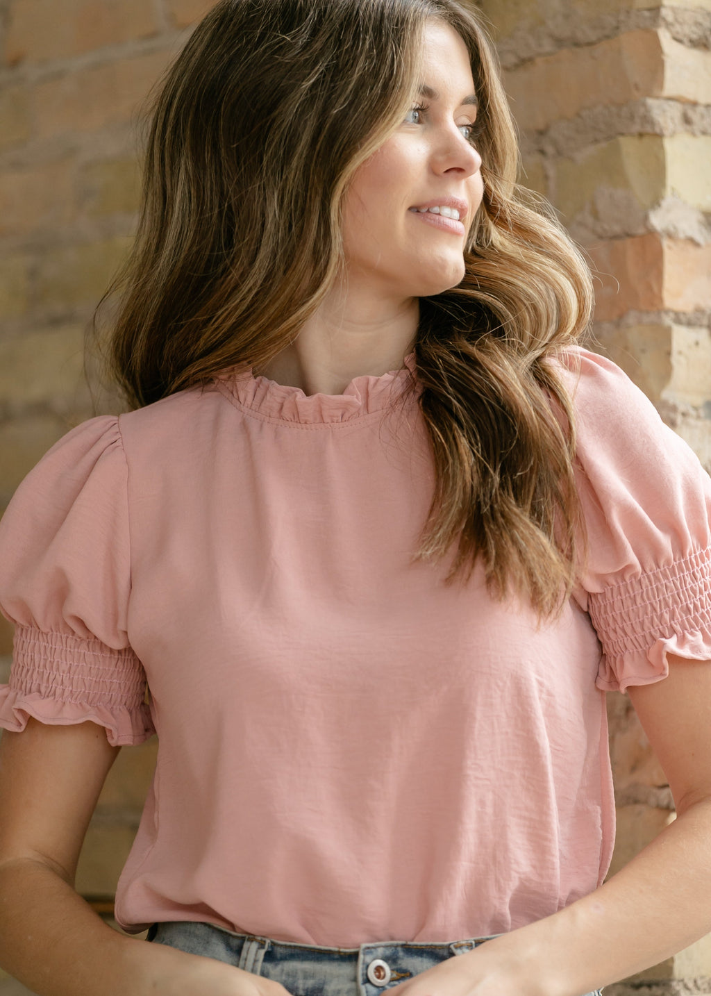 Clara Ruffle Mockneck Short Sleeve Top