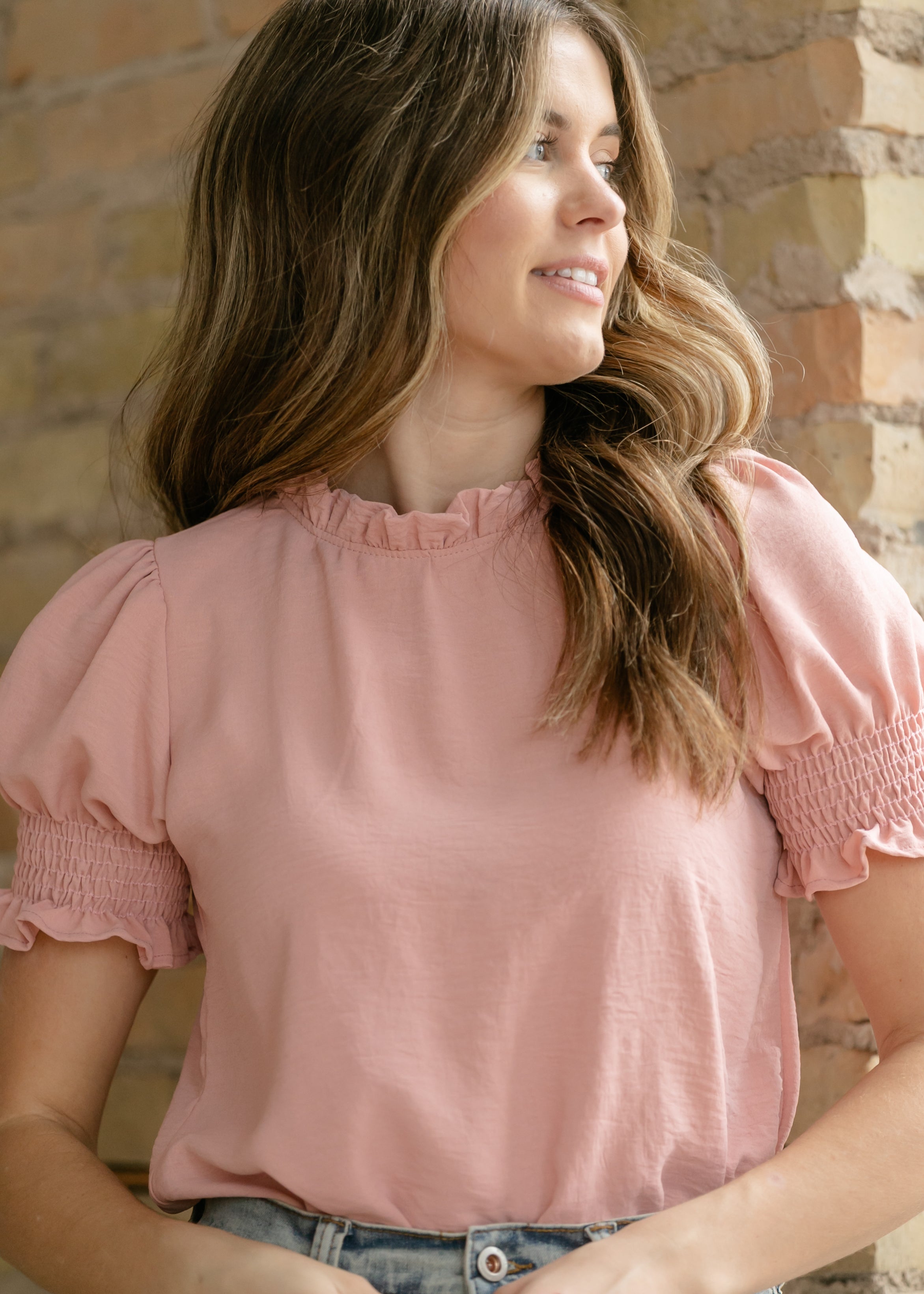 Clara Ruffle Mockneck Short Sleeve Top